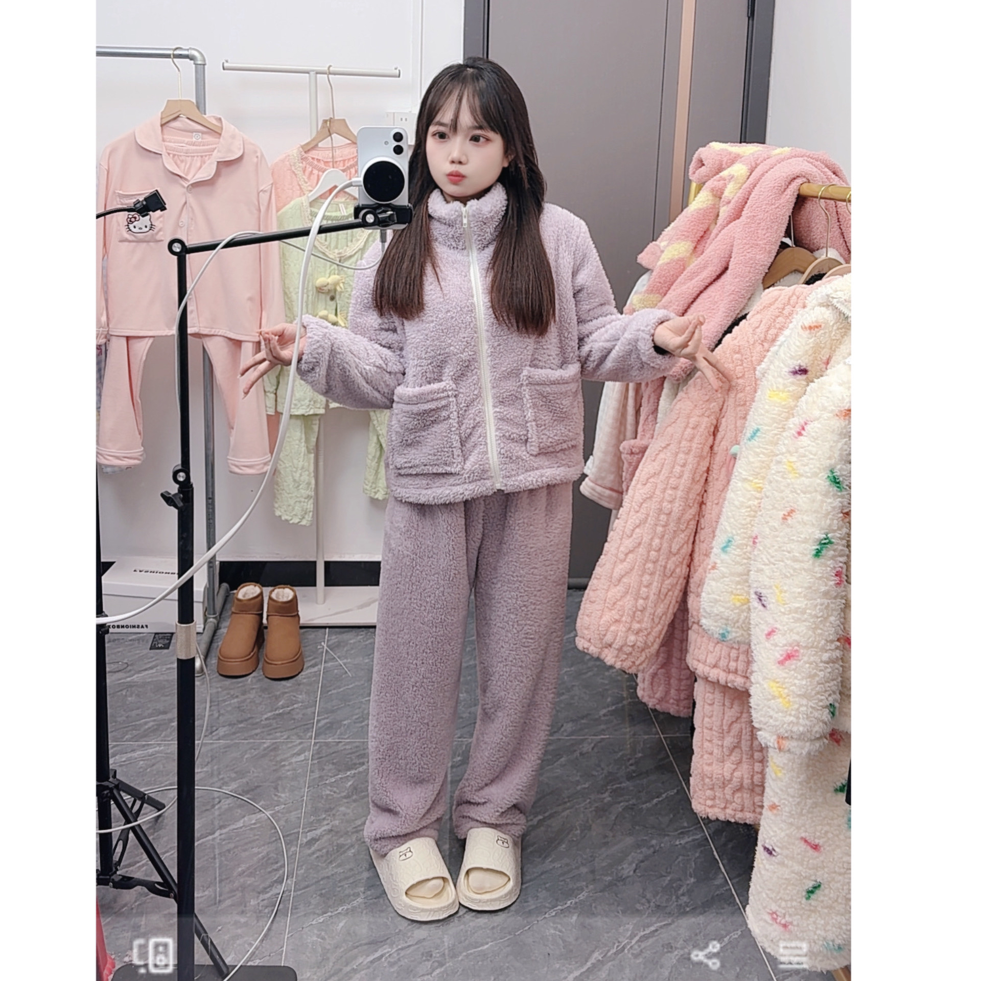 140-158小个子波点家居套装睡衣可外穿加绒加厚舒棉绒秋冬款