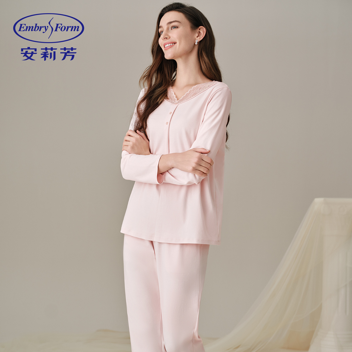 【交个朋友专属】安莉芳秋冬纯棉蕾丝V领色女士家居服套装ELW1171