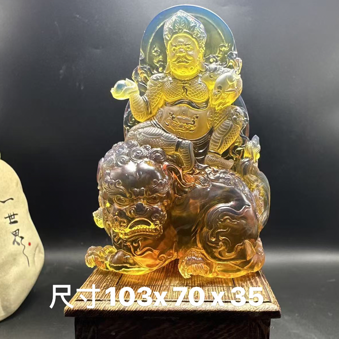 缅甸天然琥珀果冻料大师工雕刻黄财神立体摆件