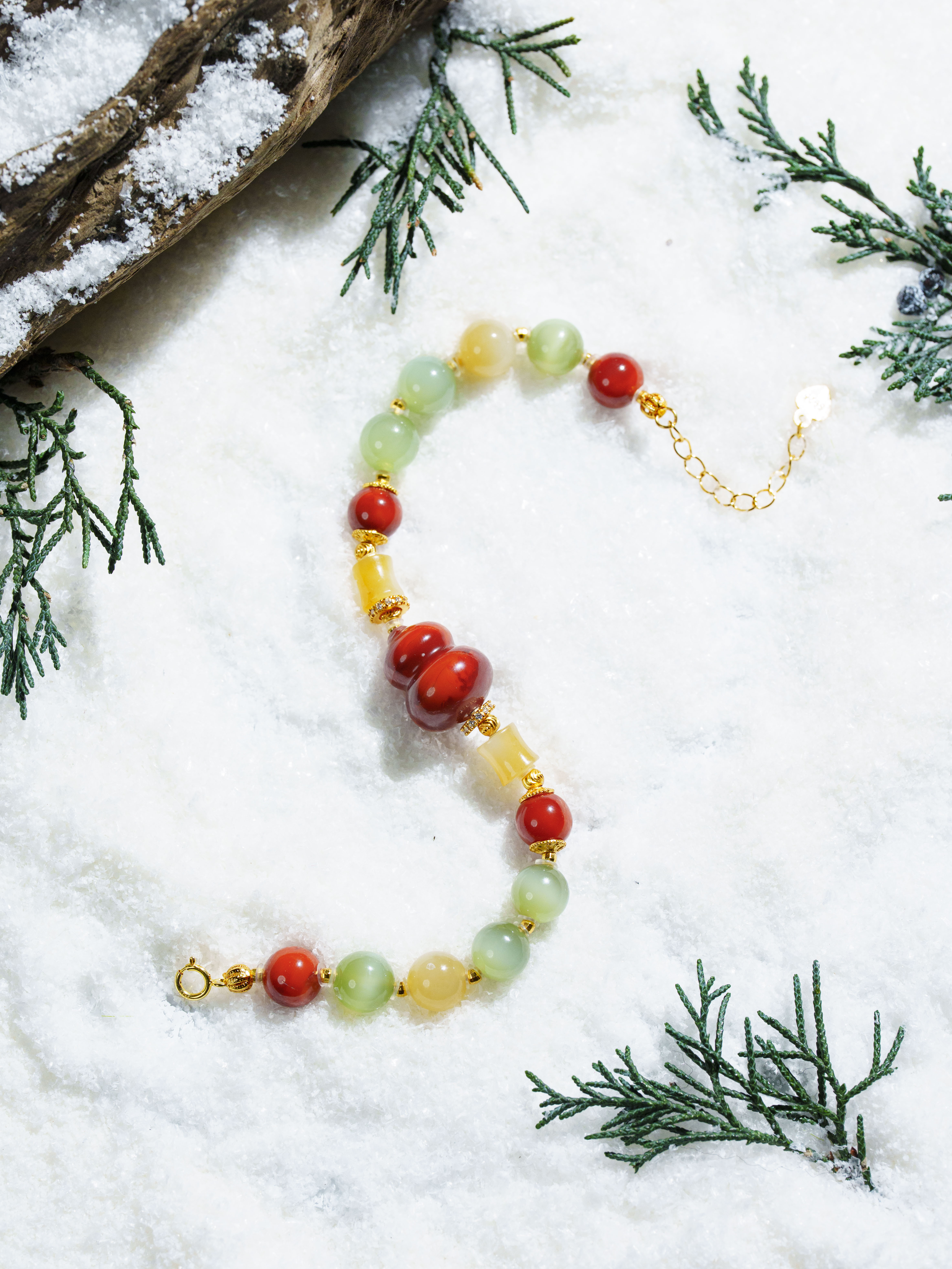 【夕照】和田玉粉青蛋面南红多宝手链7.5m+(925) D5088