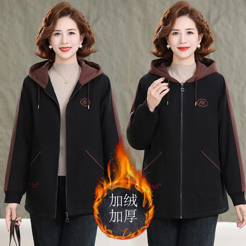 大码胖妈妈牛仔加绒外套中老年妈妈装保暖中年连帽宽松气质棉衣