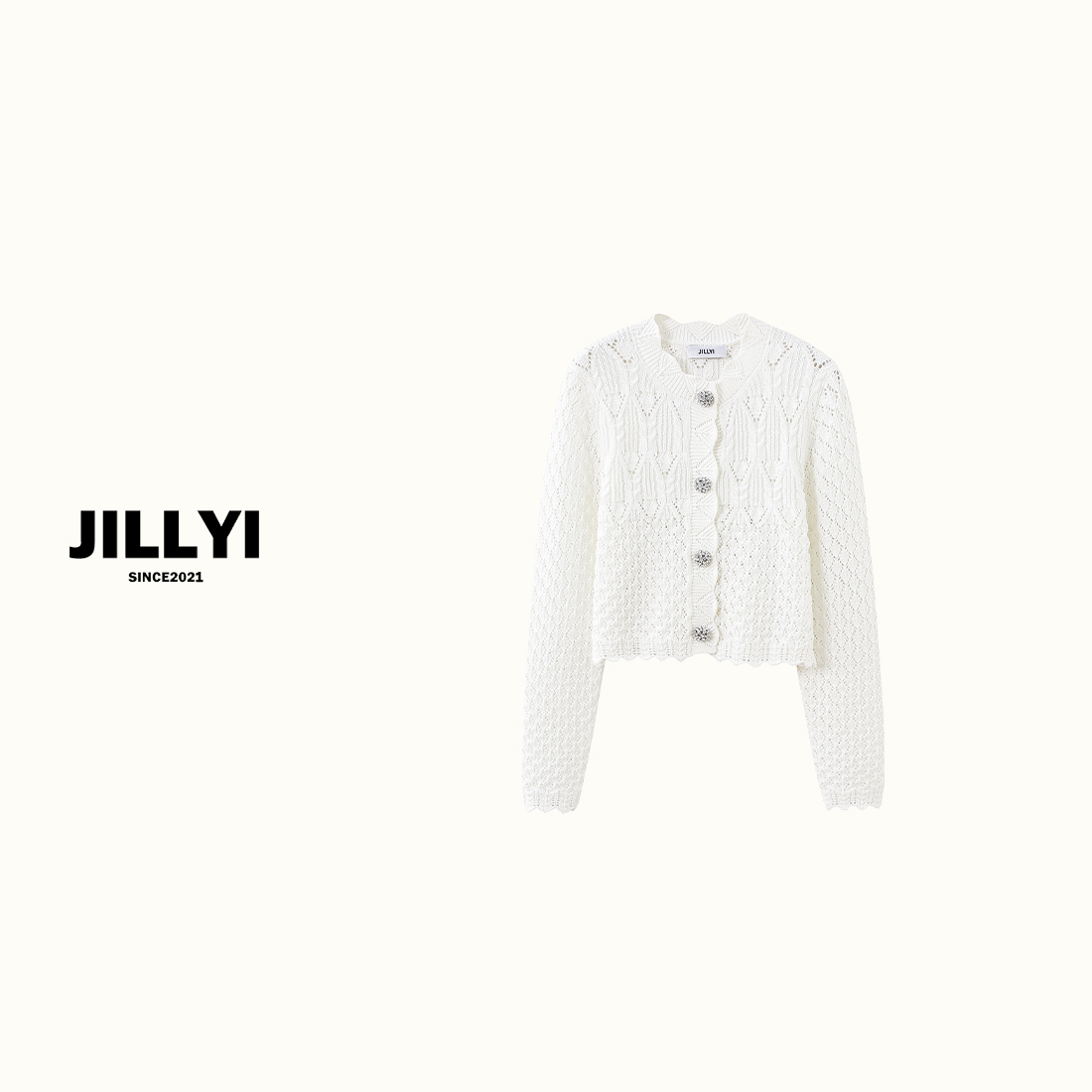 JILLYI南山店【流光纯白】白色圆领珍珠单排扣镂空工艺时尚针织开衫