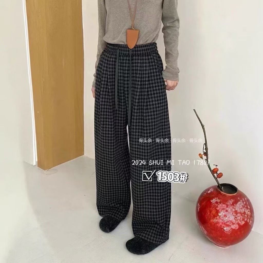 细格子冬季新款加宝宝绒高腰阔腿裤加厚保暖显瘦百搭休闲裤