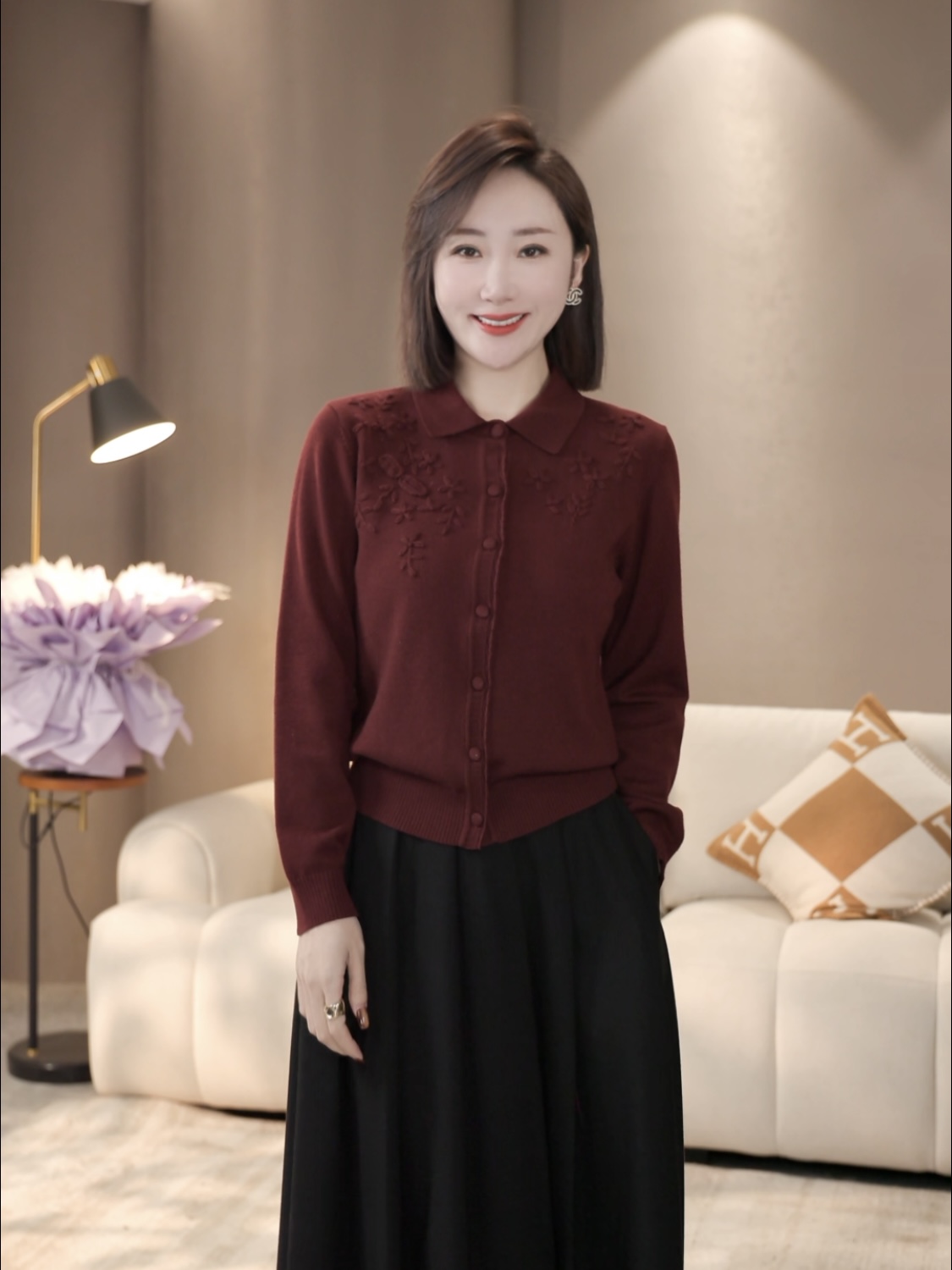 【双姐】圆领女针织百搭翻领刺绣休不褪色秋季毛针织衫JH11544