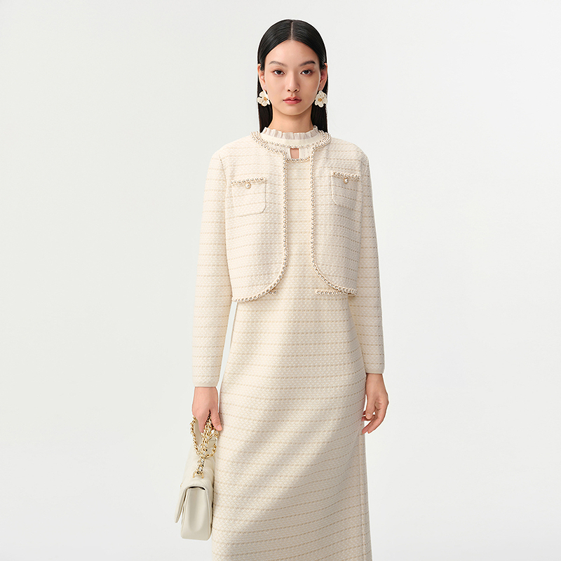 珂莱蒂尔名媛香风手工珠钻菠萝纹肌理花呢背心连衣裙KF13052D1