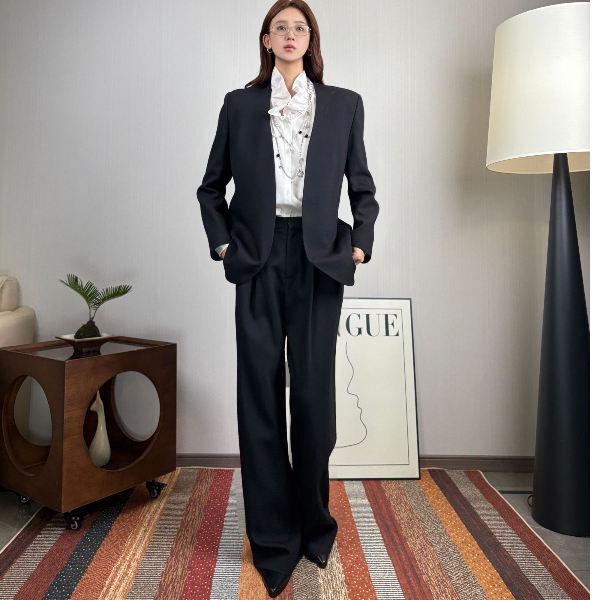 零染色西装套装西装领长袖宽松型纯色常规轻职风