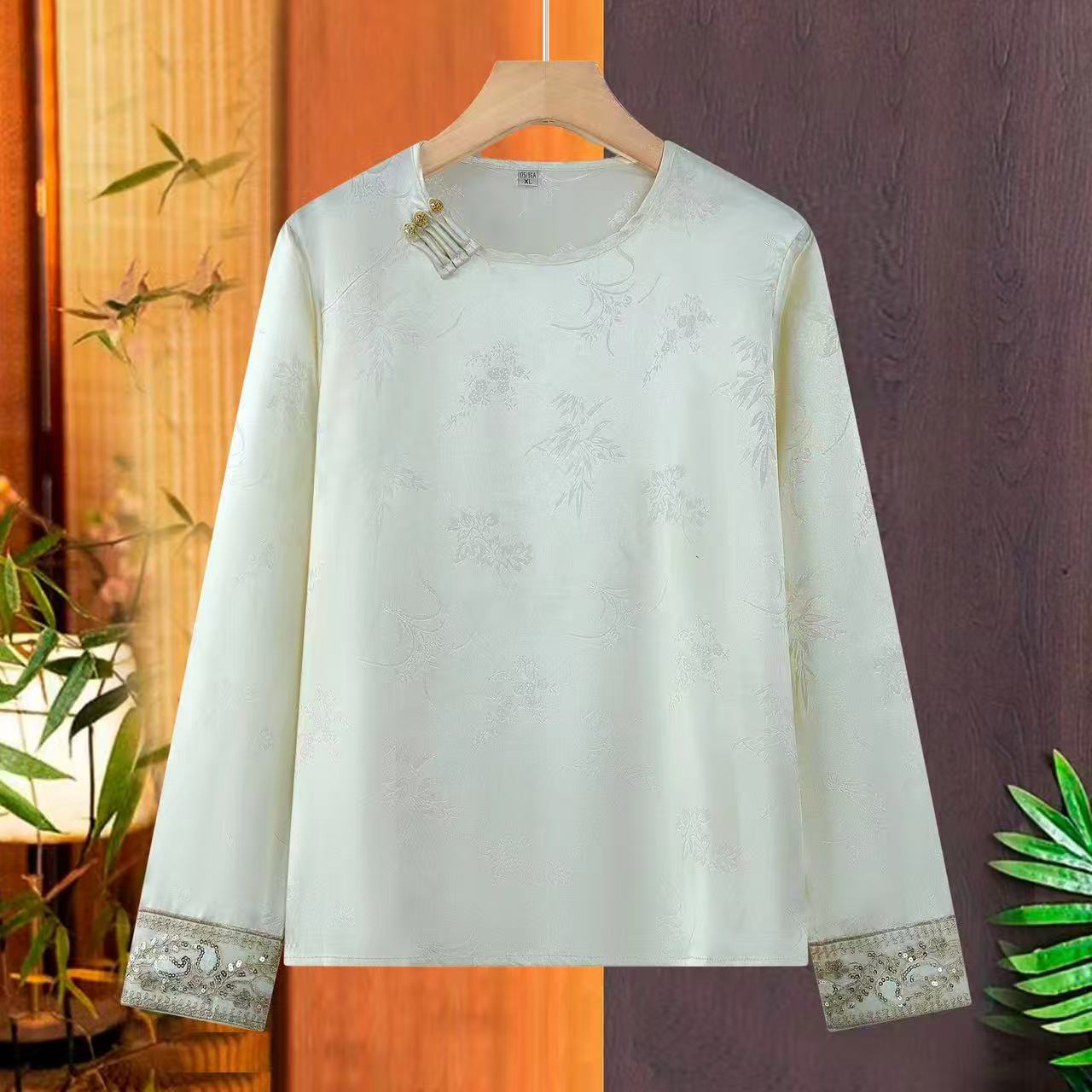 新款0914新款圆领盘扣上衣高贵新款洋气印花气质古风中国风