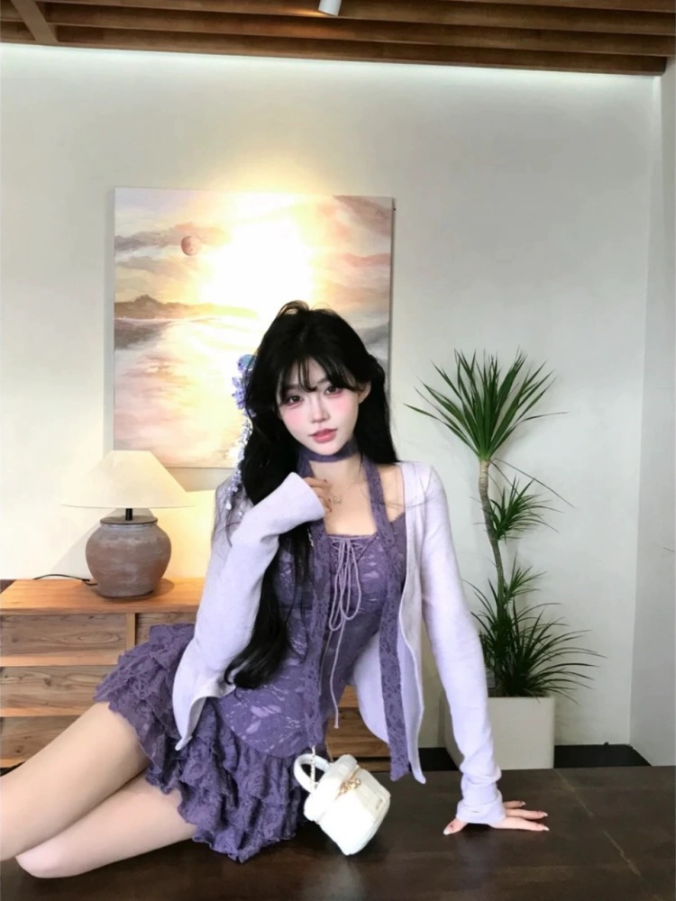纯欲风甜美套装春夏修身显瘦假两件拼接蕾丝上衣+半身裙两件套女