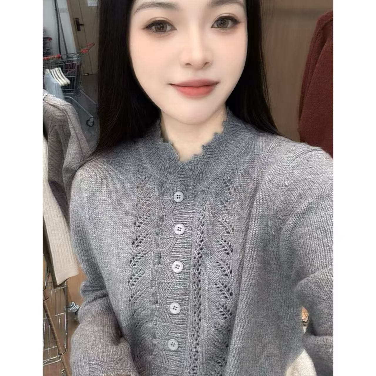丽姐家~银灰气质长袖针织镂空时尚重工秋冬时尚百搭上衣