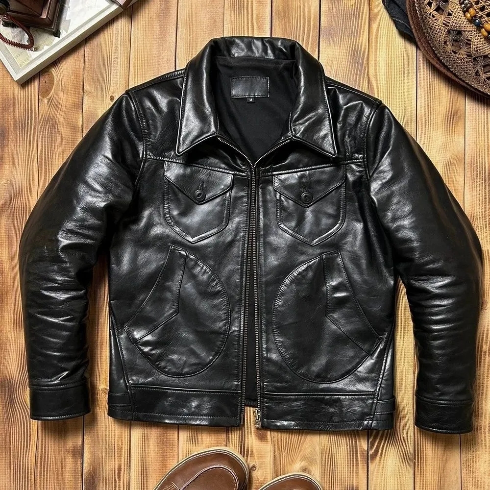 胎牛门多萨系扣海宁 男士短款翻领牛皮复古真皮皮衣门多萨农场主