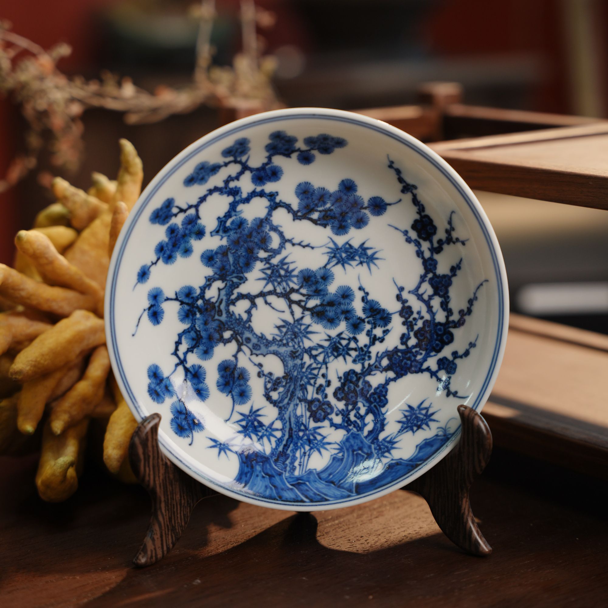 片云晚谷高档青花松竹梅元宝壶承