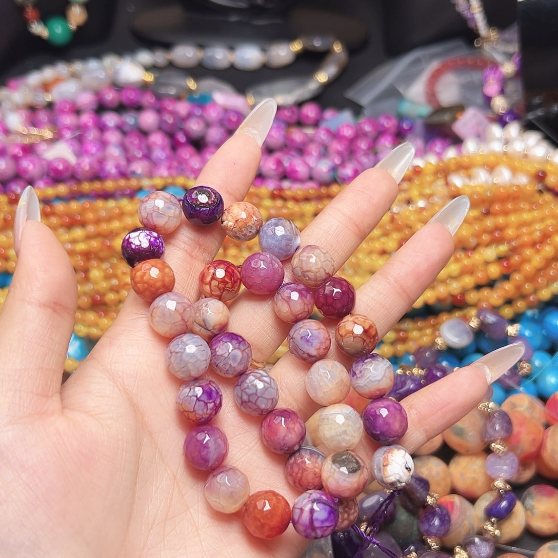 玛瑙/玉髓未镶嵌珠宝半成品T73 12mm天然龙鳞纹玛瑙圆珠一条