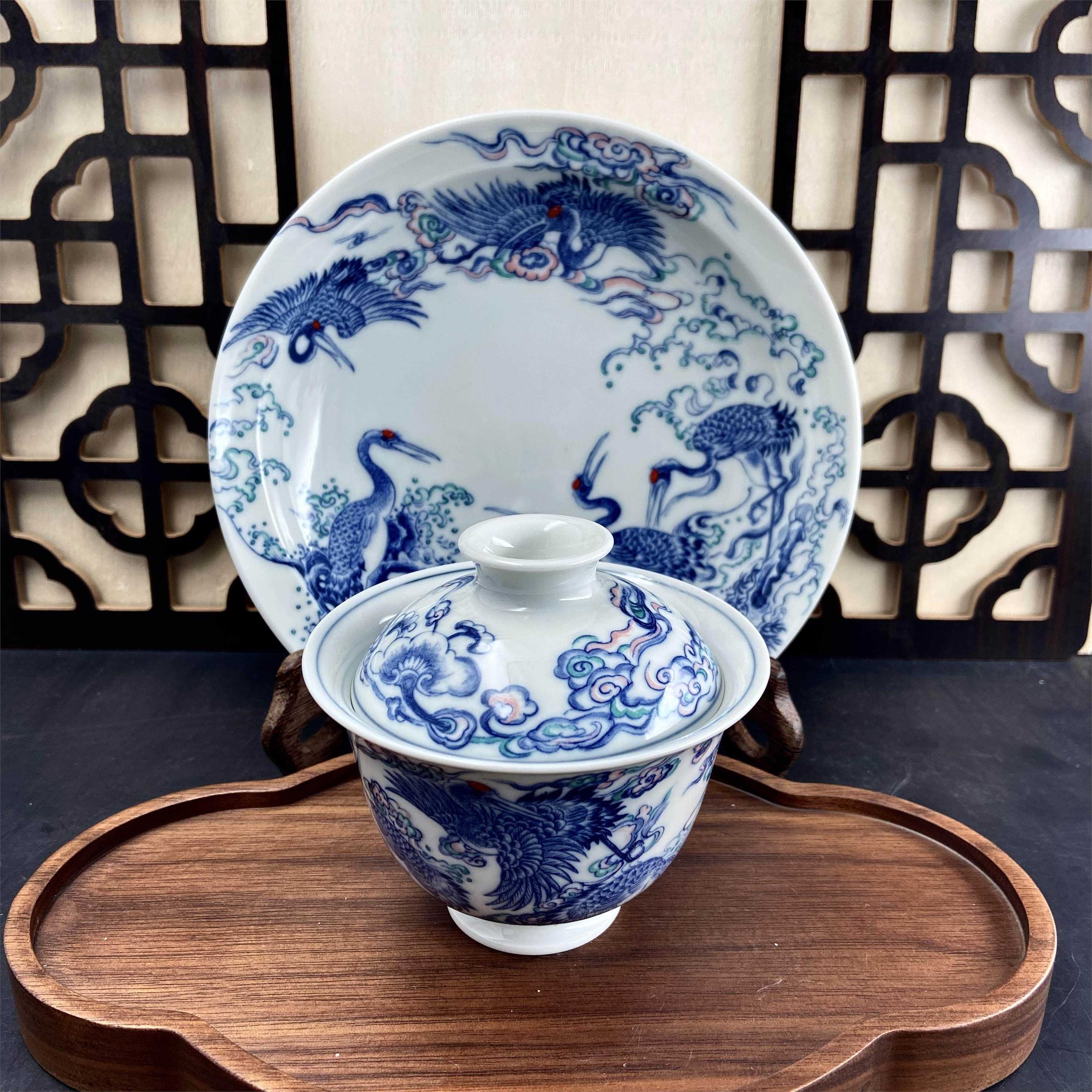 景德镇高温陶瓷釉下彩云中仙鹤青花三才盖碗家用泡茶茶杯茶具茶碗