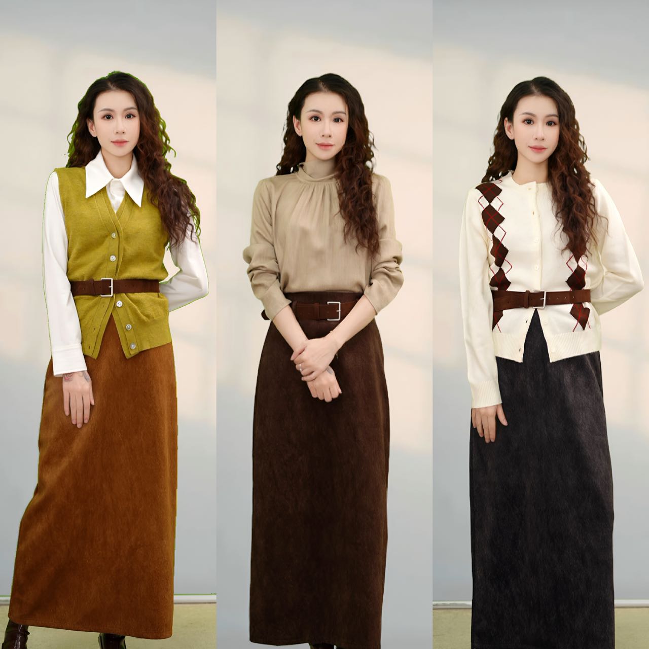 PPY-90326 设计师款秋冬复古显瘦时尚百搭半裙[带腰带]