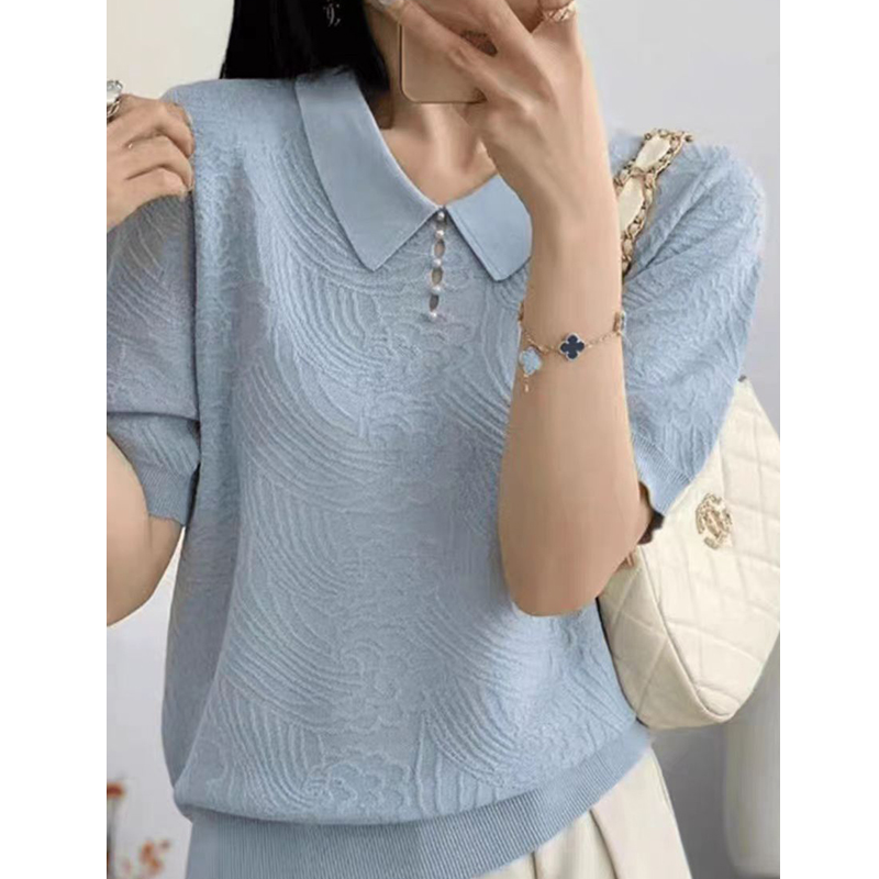 /浮云/ tt百搭休闲时尚宽松针织女装上衣纯色圆领红短袖女士