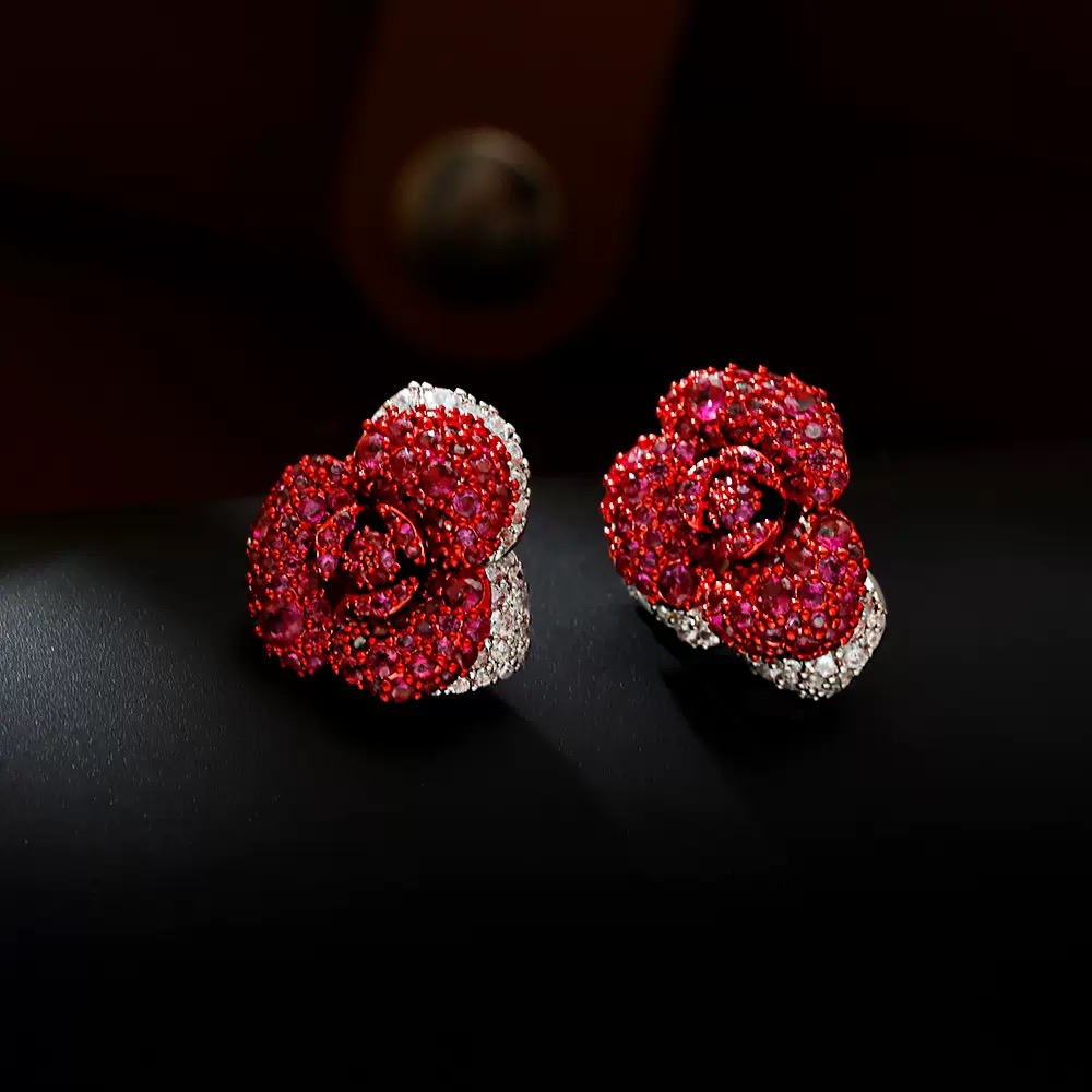 铜合金锆石耳饰 法式轻奢气质玫瑰花耳钉耳饰红色高级感精致百搭
