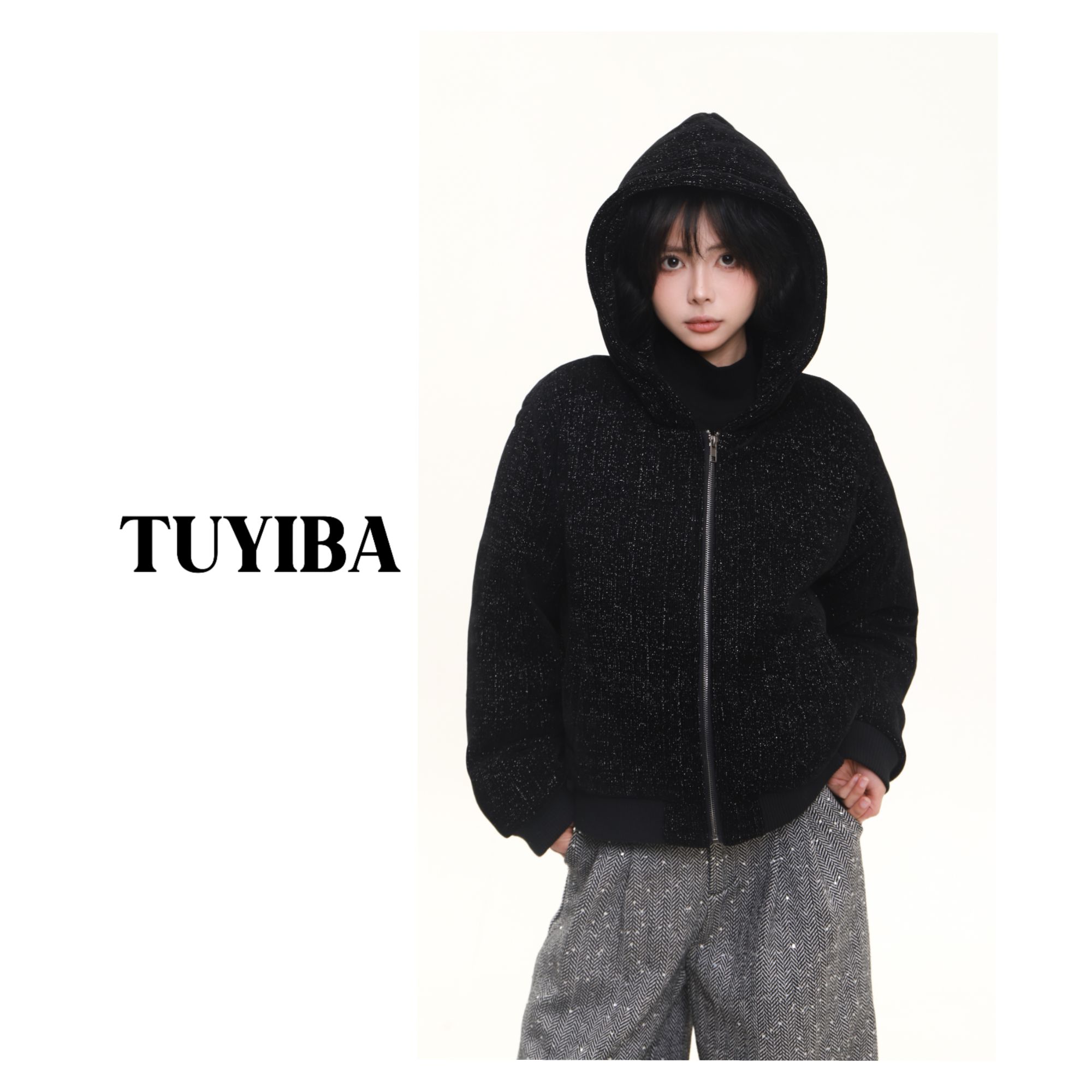 【兔兔】冬季新款韩版长袖拉链宽松连帽棉衣外套女加厚保暖棉服2488