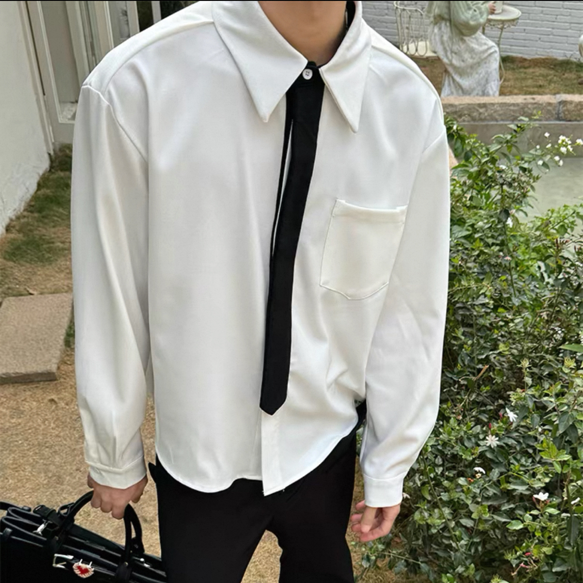 A4#某饱13x！重磅480克cleanfit自带领带单口短宽长袖白衬衫上衣男