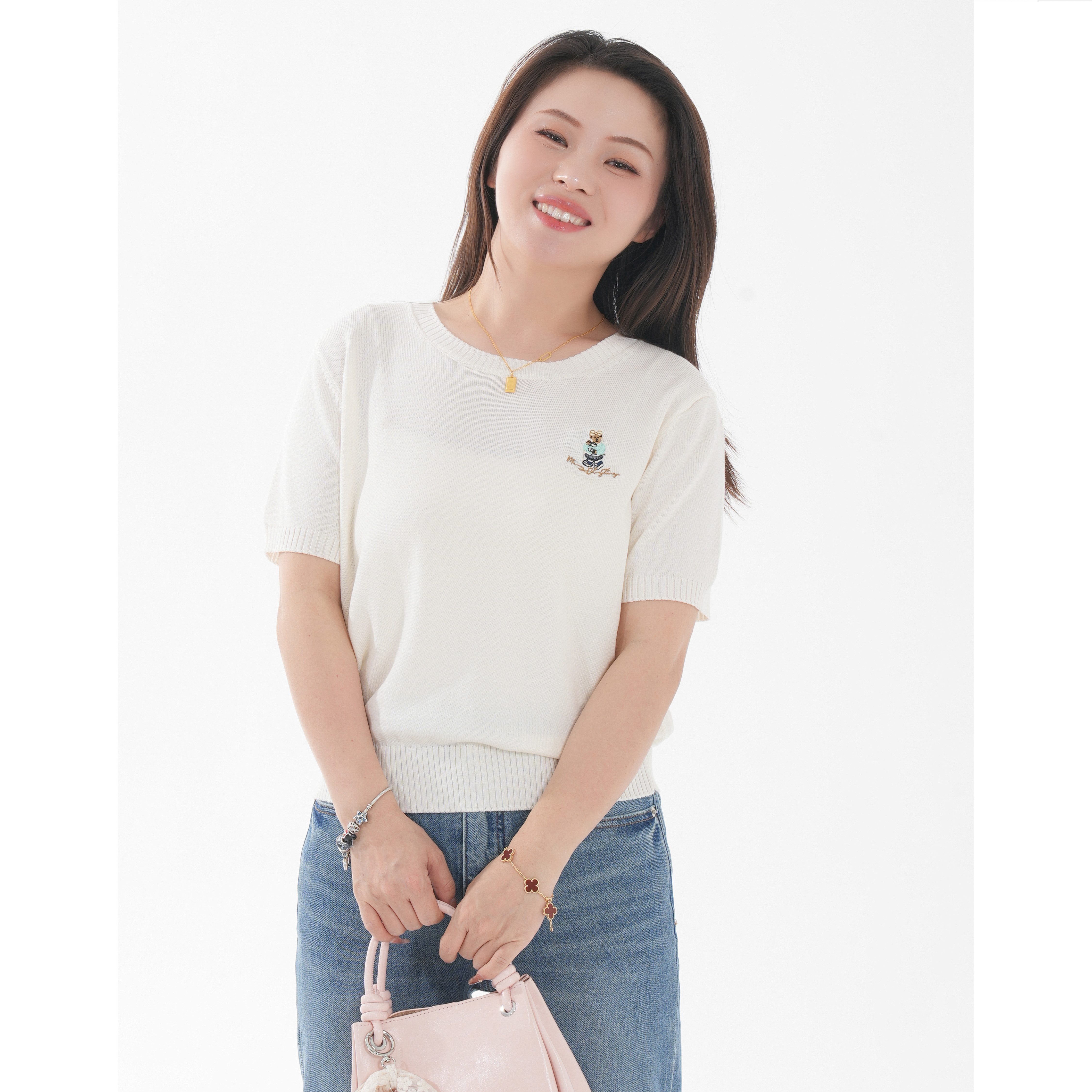 小个子圆圆MS01欧若风莱赛尔刺绣圆领针织衫短袖女百搭打底衫女
