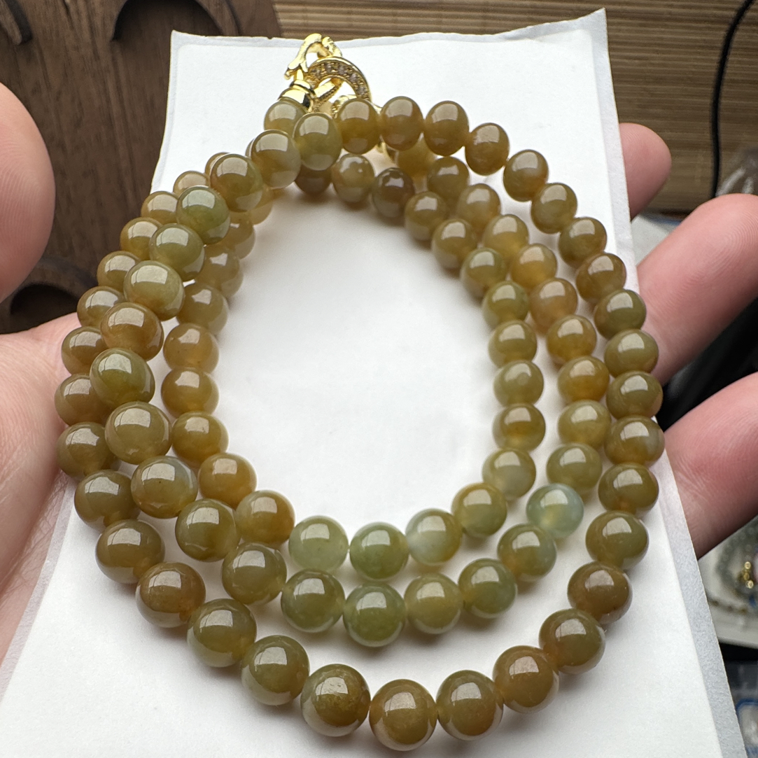 0073号缅甸翡翠A货妈妈时尚长链黄色三层精美珠珠