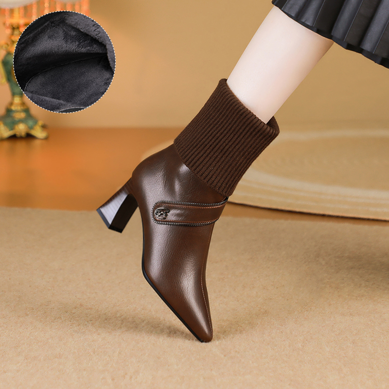 SLM毛线袜靴8930尖头粗跟34-42牛皮秋冬真皮短靴软底软面女靴袜靴