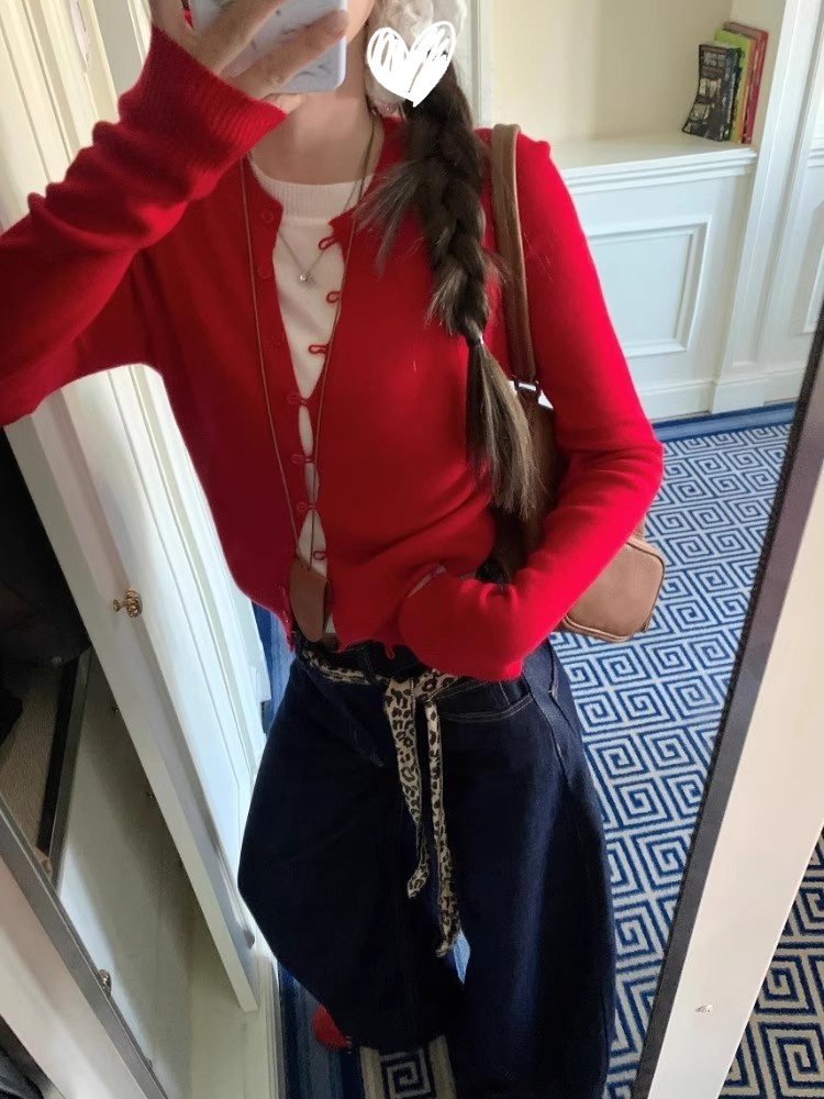 红色假两件长袖毛衣针织衫女早秋新款设计感修身内搭短款打底上衣