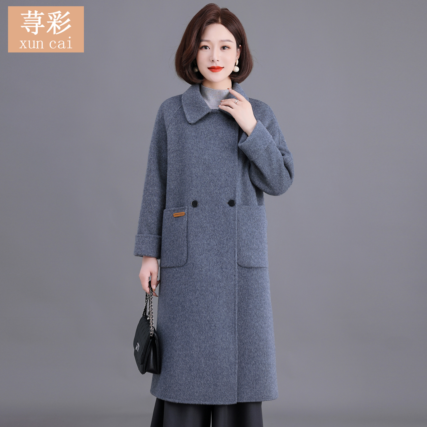 100%纯羊毛秋冬双面羊毛大衣中长款女中年妈妈气质插肩袖毛呢外套