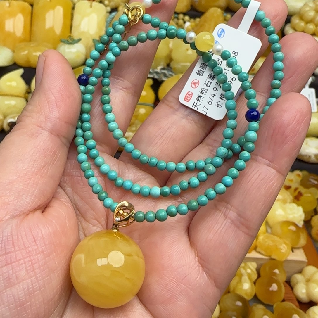 蜜蜡项链18K金镶嵌天然蜜蜡圆珠锁骨