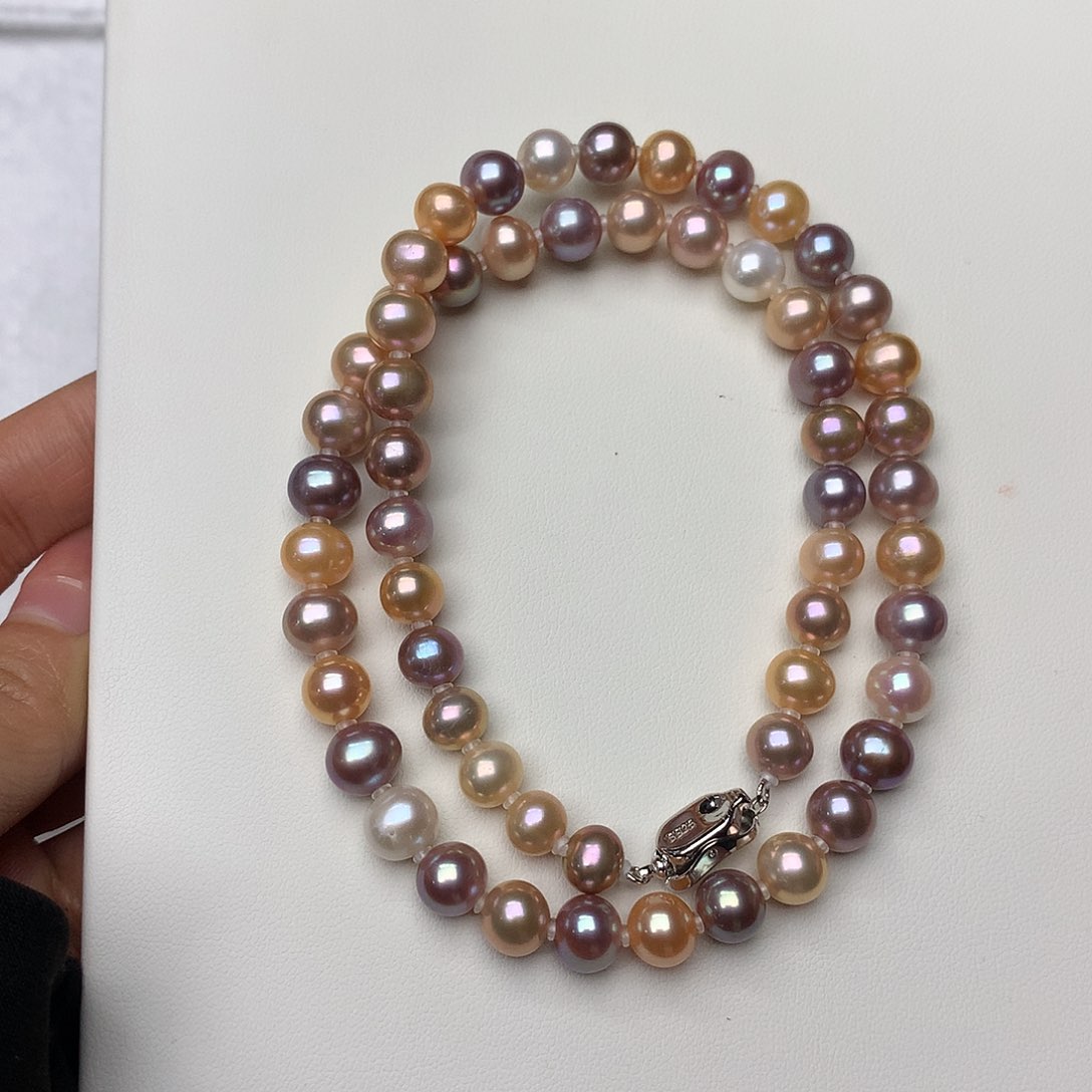 淡水珍珠颈饰银S925镶嵌7-8mm无核串链