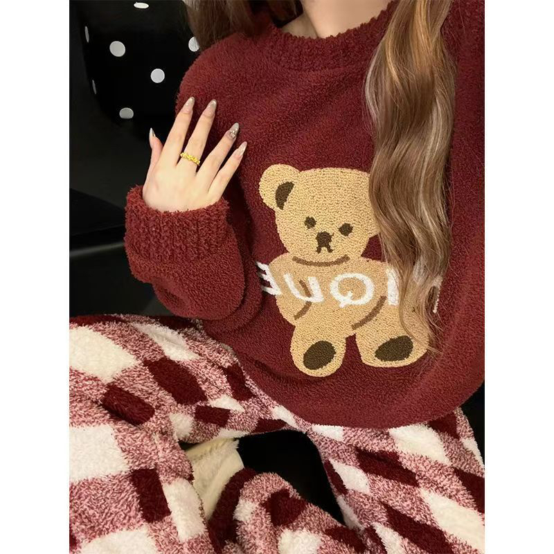 【专供】秋冬季日系ins半边睡衣女加绒加厚保暖可外穿家居服套装