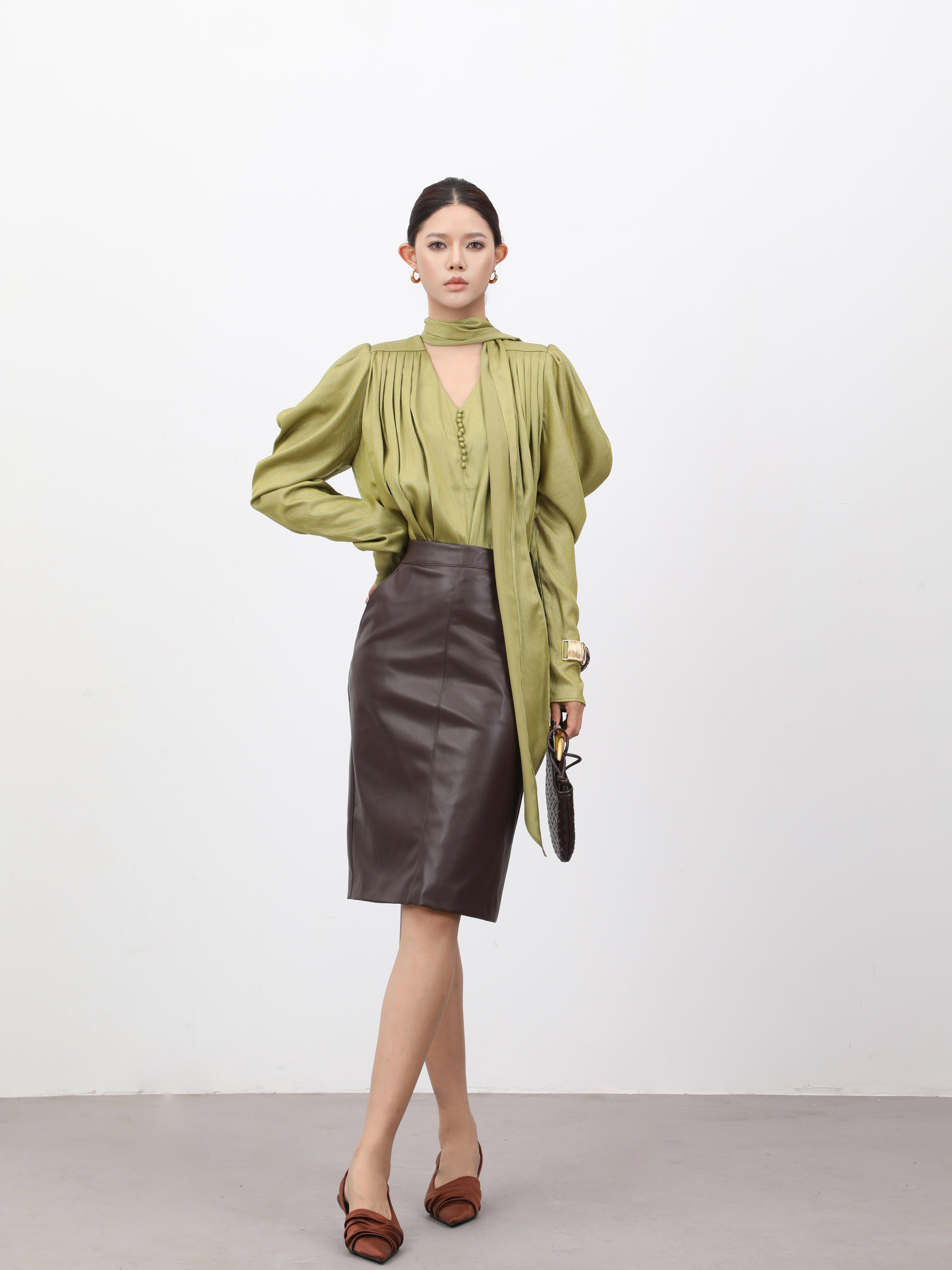 DENGDAHA「晚会焦点」法式V领 长袖气质 高端雪纺设计感上衣L979