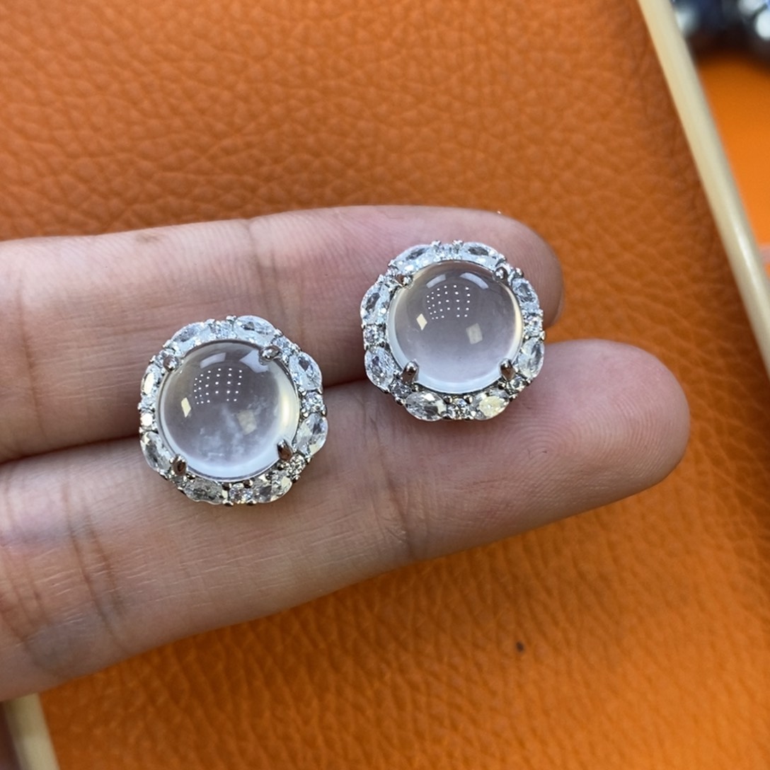 石英质玉耳钉银S925镶嵌