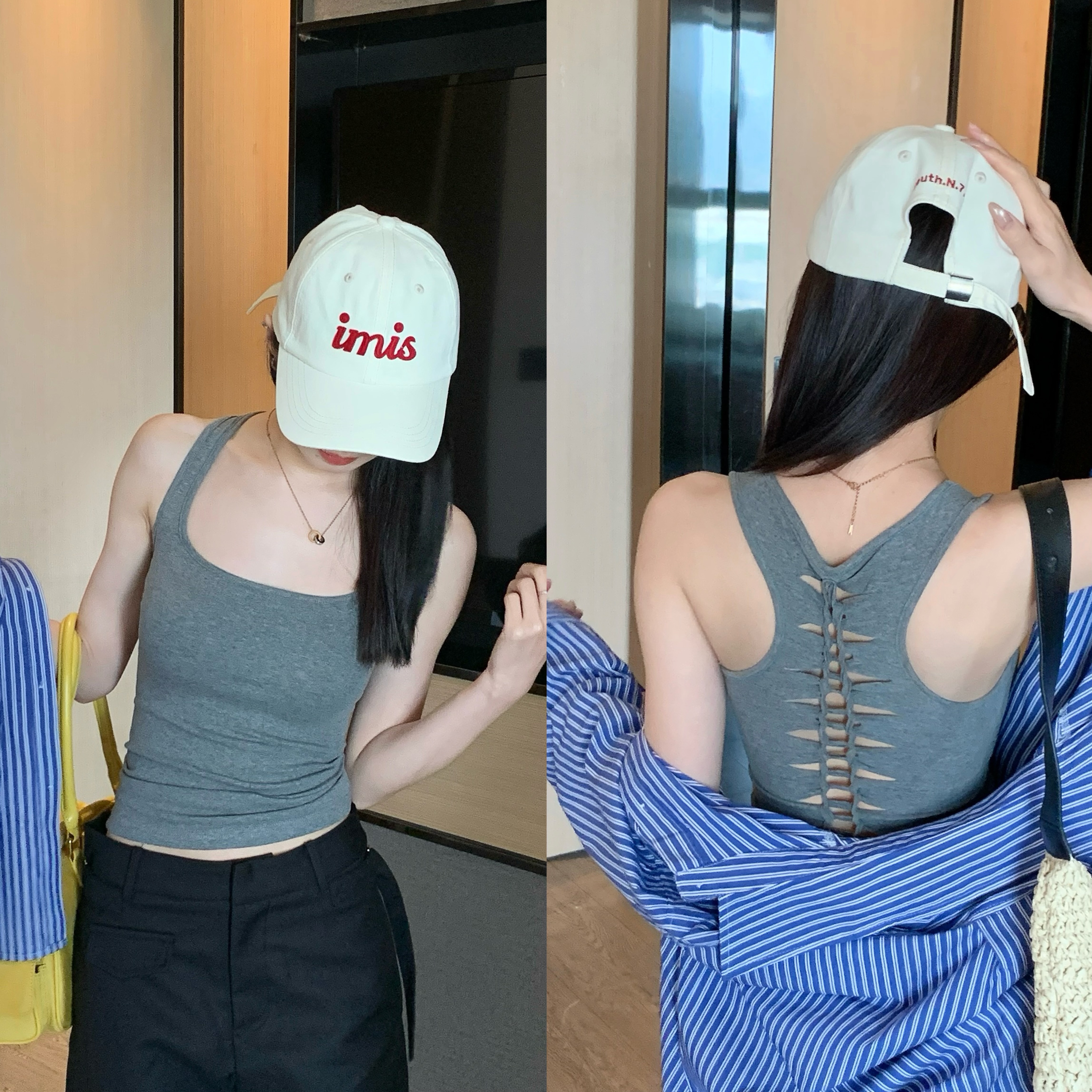 纯欲陷阱辣妹收腰显瘦后背镂空打底小背心女固定杯带胸垫内搭上衣