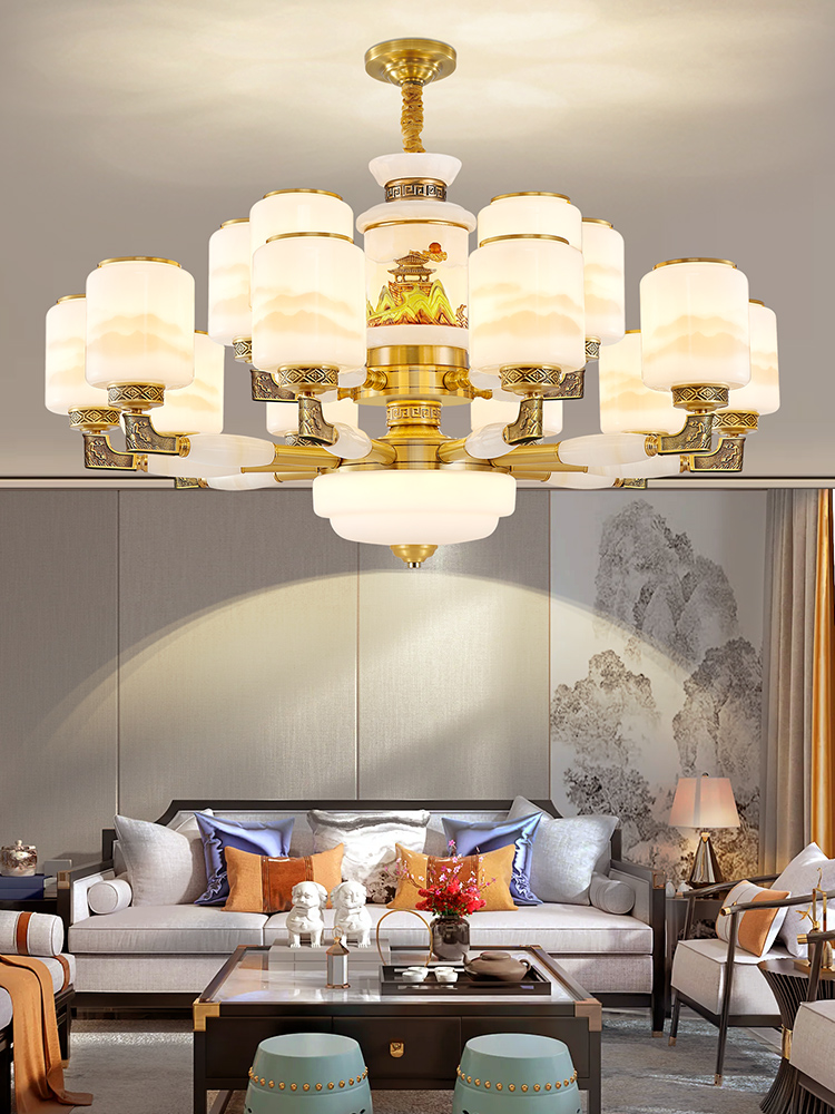 新中式全铜玉石吊灯鸿运当头款客厅餐厅别墅挑空2025新款中山灯具