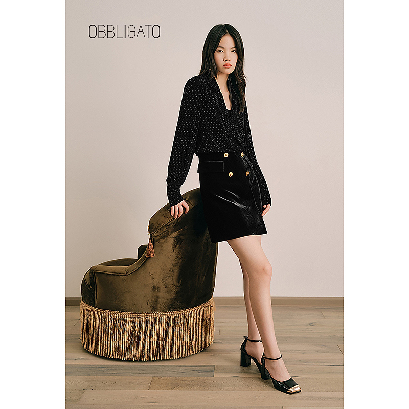 OBBLIGATO奥丽嘉朵1C34105370春季烫钻拼接丝绒连衣裙