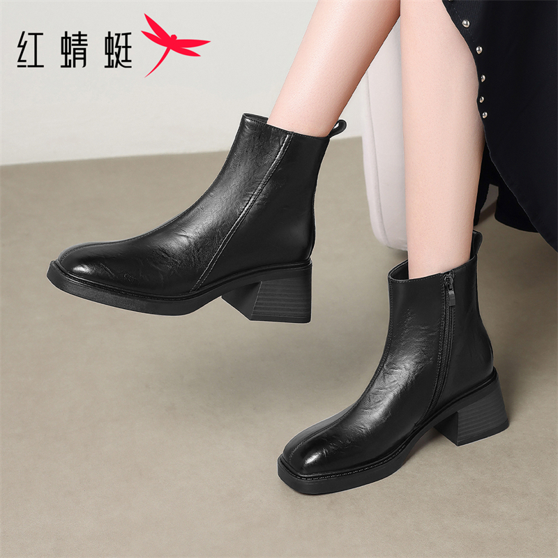 红蜻蜓女士舒适时尚休闲百搭复古英伦风方头秋冬加绒粗跟时装靴