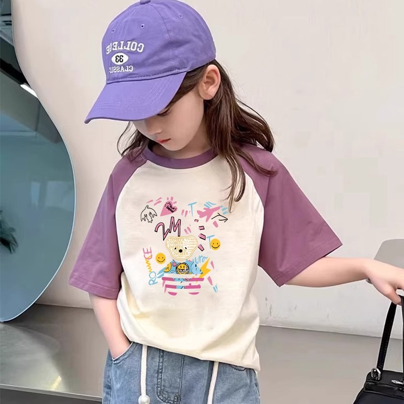 女童卡通宽松撞色短袖T恤衫夏季新款半袖纯棉中小儿童内搭上衣潮