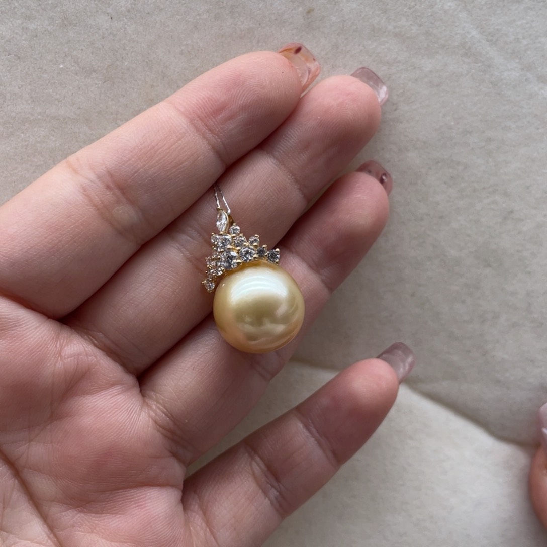 海水珍珠吊坠(不含链)18K金镶嵌14-15mm