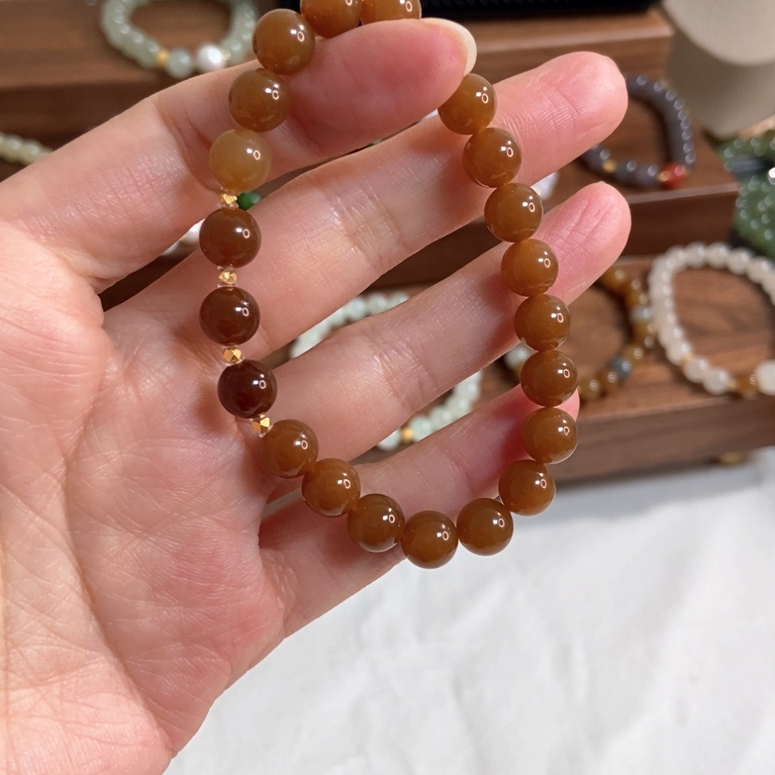 和田玉手链18K金镶嵌8mm红糖精品