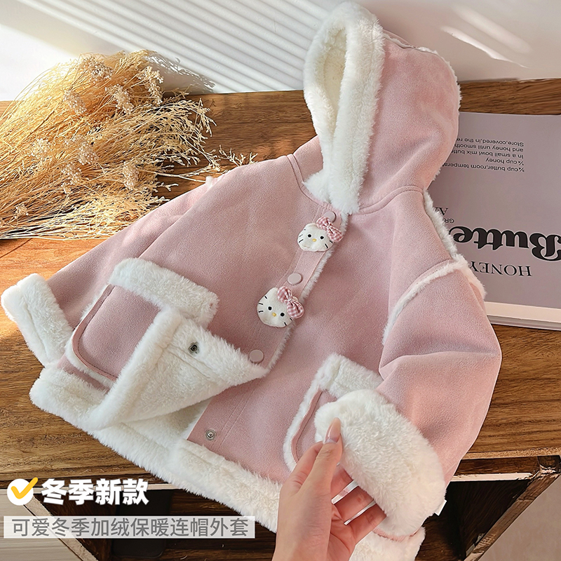女童秋冬季新款加绒加厚连帽外套女宝宝保暖上衣儿童休闲衣服童装