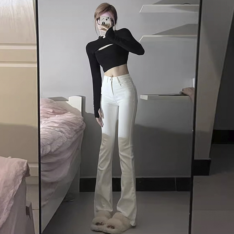 裤长110cm 白色弹力微喇牛仔裤女秋冬加绒高腰修身显瘦喇叭拖地裤
