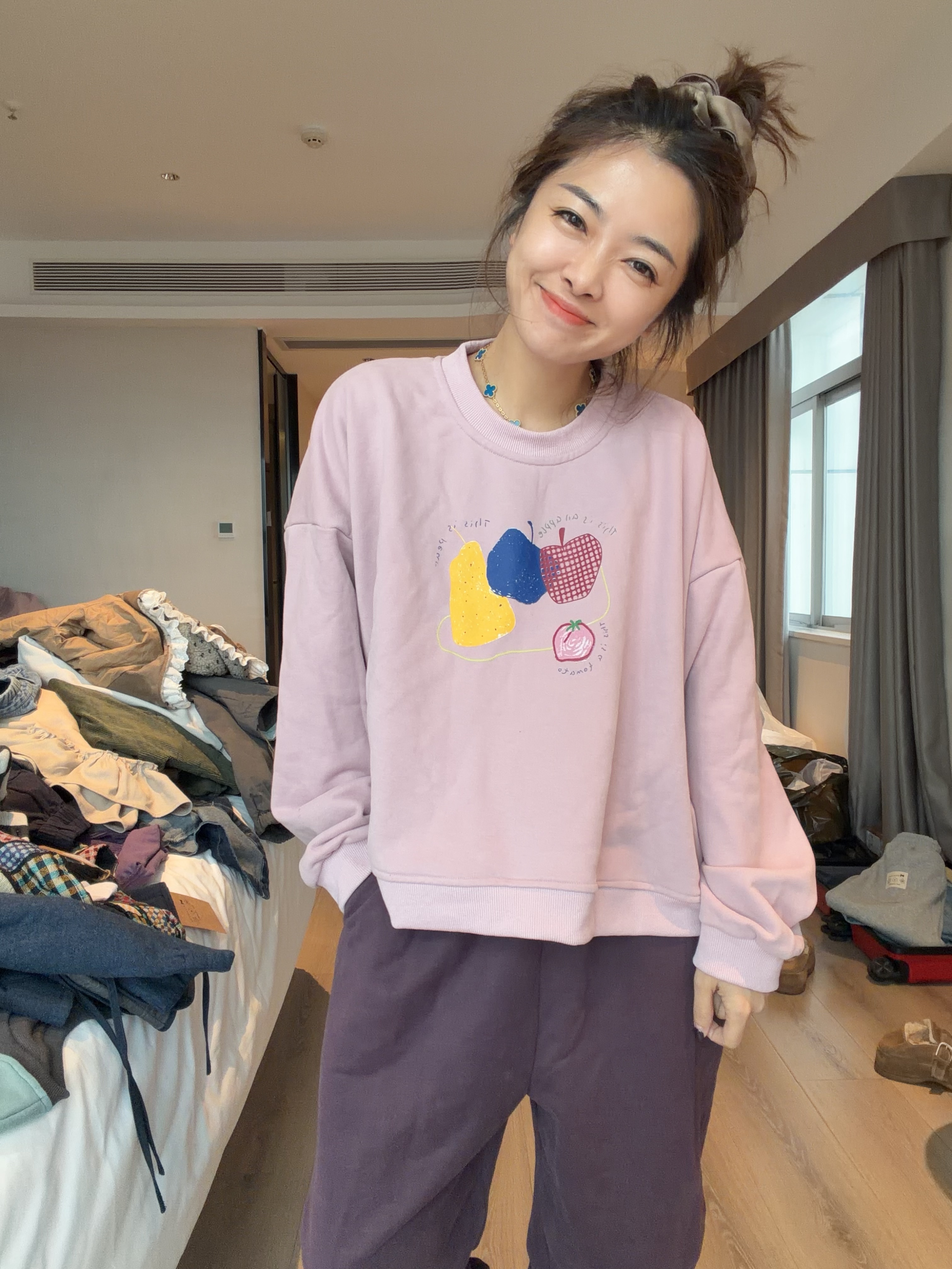 夏小朵 平安喜乐长袖卫衣 时尚印花简约休闲百搭宽松拼接卫衣