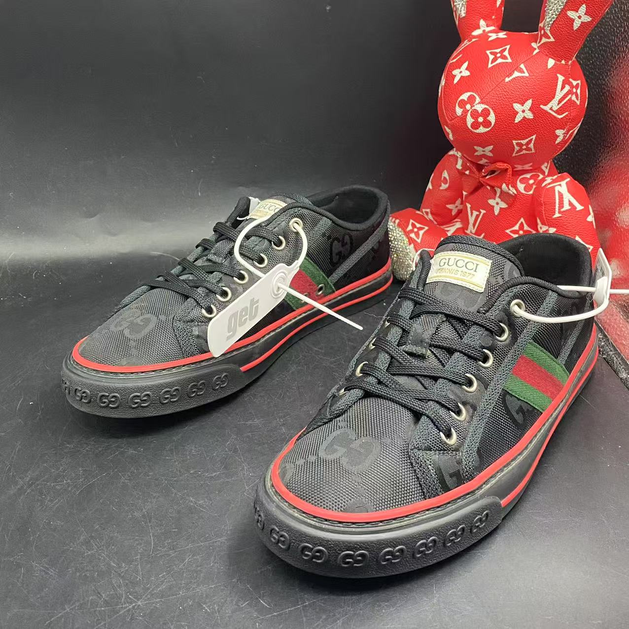95新 GUCCI/古驰 【聚星优选】黑色老花帆布1977板鞋41欧码ddm1959