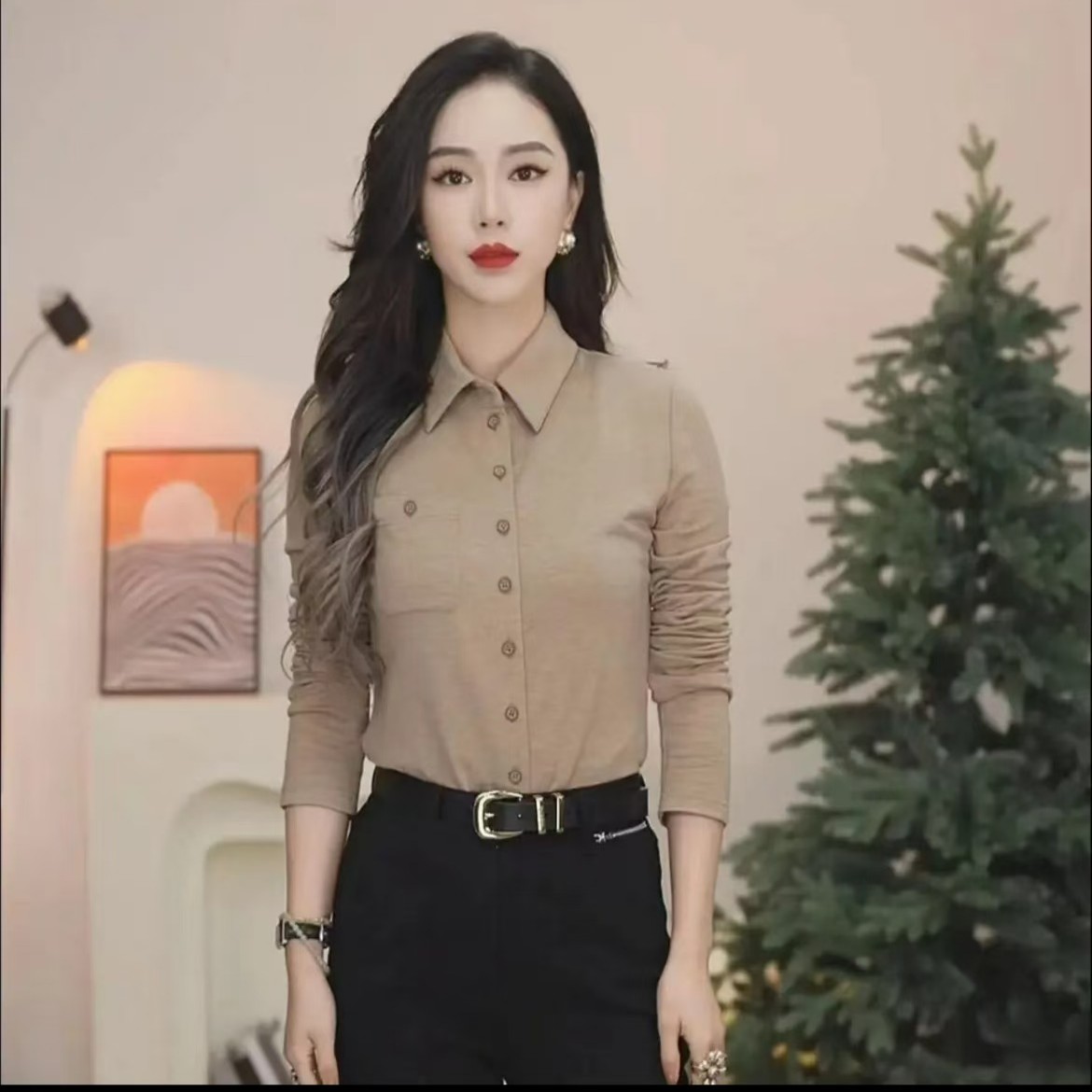 GIRDEAR/哥弟秋季百搭长袖修身打底衬衫休闲设计感女装1300820