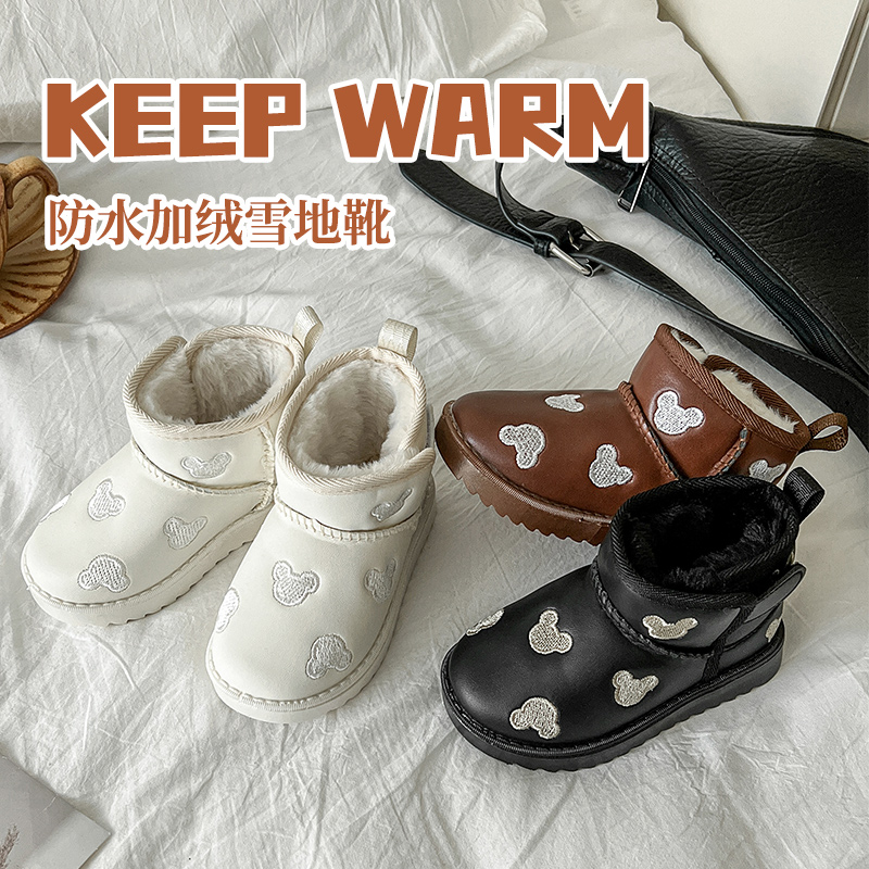 冬季新款儿童加绒雪地靴防水男女童防滑软底棉靴男童防水保暖鞋