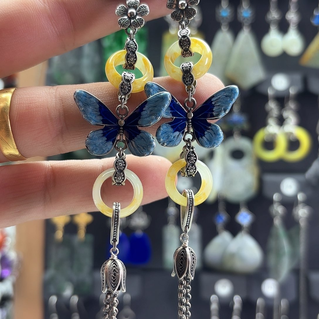 翡翠耳饰银S925镶嵌燃*