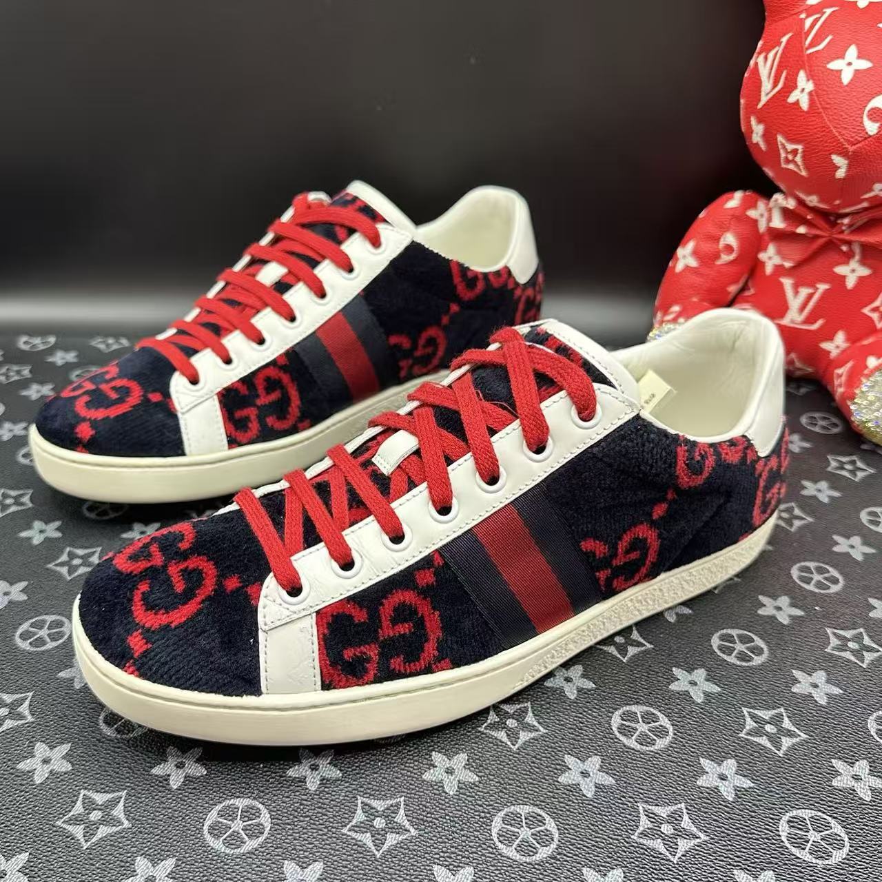 95新 GUCCI/古驰 红黑色灯芯绒双G印花板鞋39欧码 ddm3029