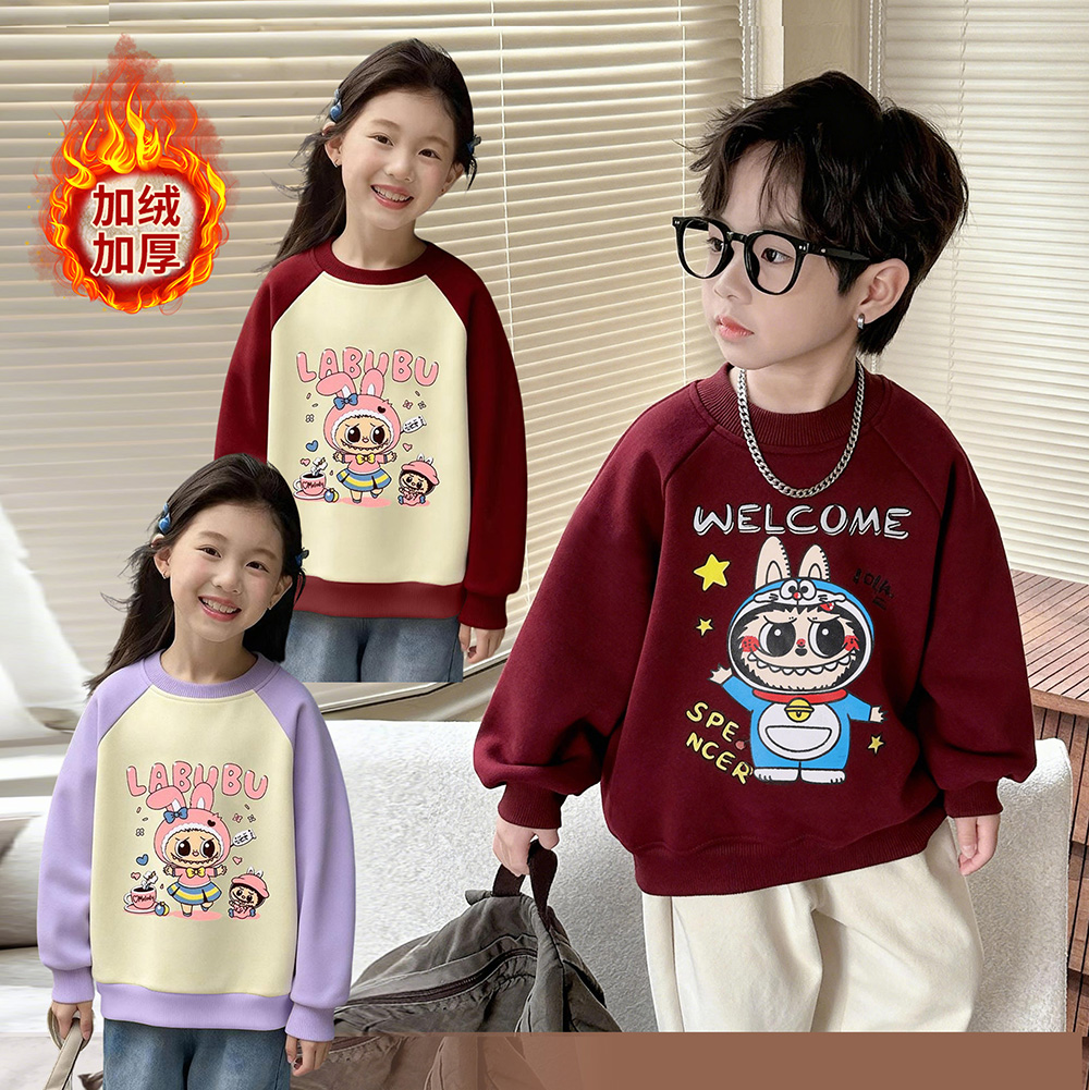 拜年服儿童冬季女童男童加绒加厚A类保暖卡通时尚韩版一体绒卫衣