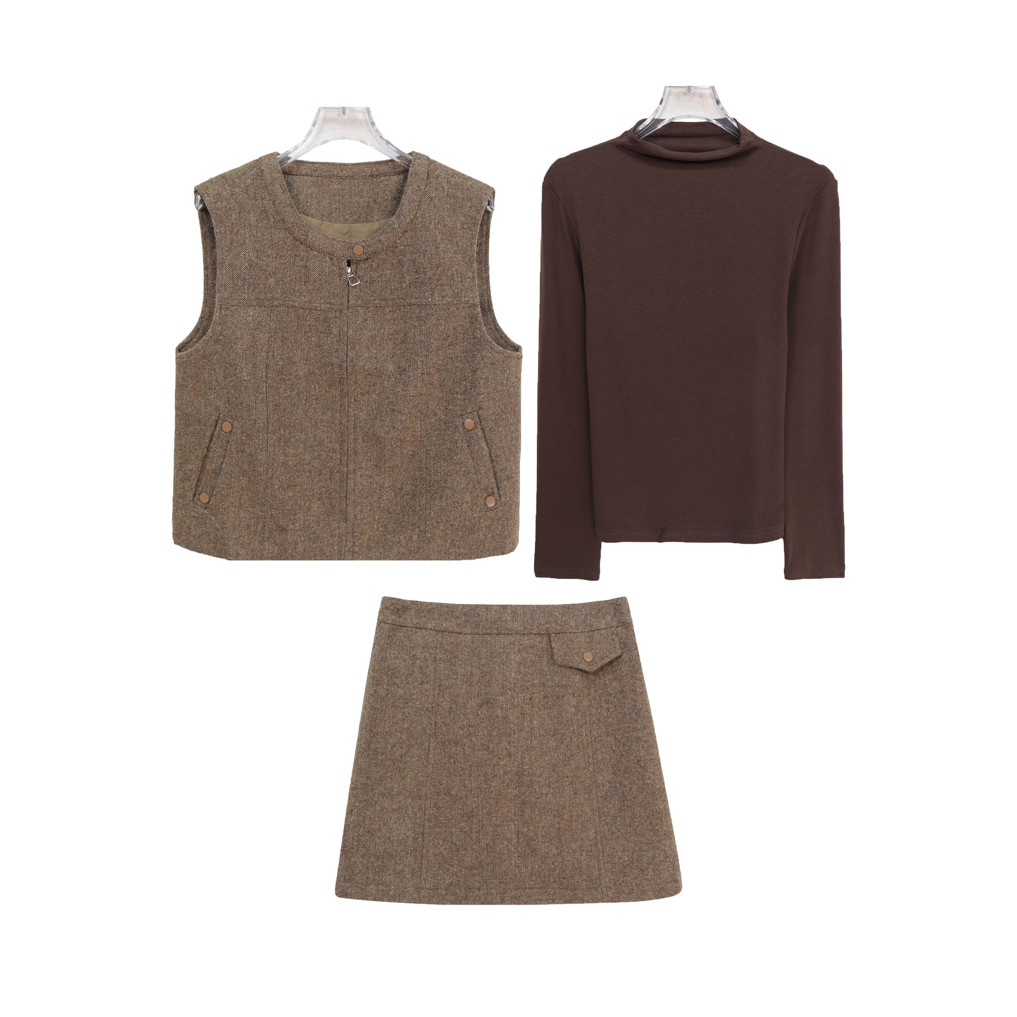 意式复古显瘦圆领马甲纯色内搭半身裙三件套S5168