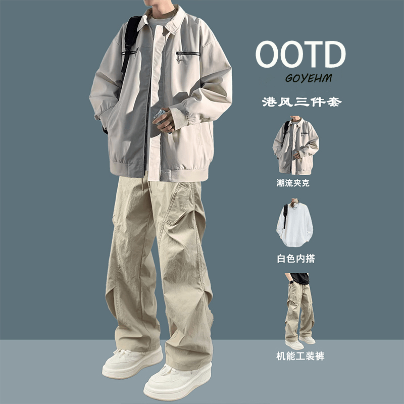 美式外套男款秋季男装套装潮牌休闲工装夹克男翻领衣服男款一整套
